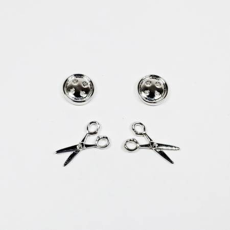 Button & Scissor Earring Set Of 2 Silver